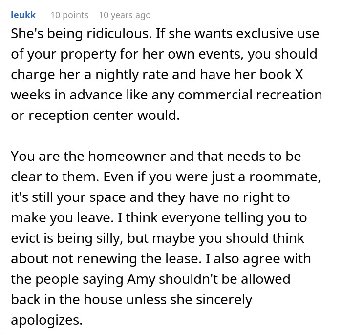 Comment discussing homeowner rights and party disruptions caused by guests refusing to leave the property.