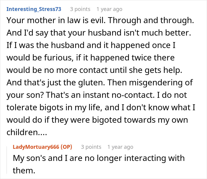 Comment discussing toxic mother-in-law behavior and allergy-triggering issues in a family conflict thread. Comment discussing toxic mother-in-law behavior and allergy-triggering issues in a family conflict thread.