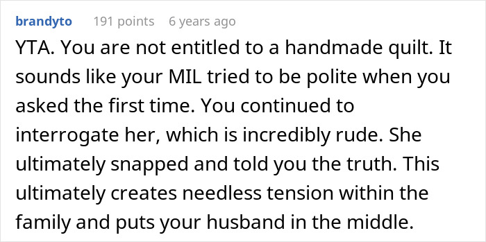Comment thread discussing a childfree woman upset about MIL refusing to make a family quilt and the online reality check. Comment thread discussing a childfree woman upset about MIL refusing to make a family quilt and the online reality check.