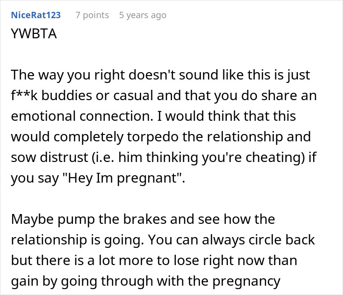 Reddit comment advising caution about hiding artificial insemination plans in a dating relationship.