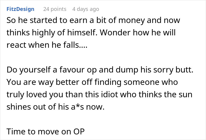 Comment about man earning more than girlfriend, highlighting red flags and relationship advice to move on.