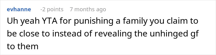 Comment discussing a woman considering canceling a friend&rsquo;s holiday booking after being harassed by her brother&rsquo;s girlfriend.