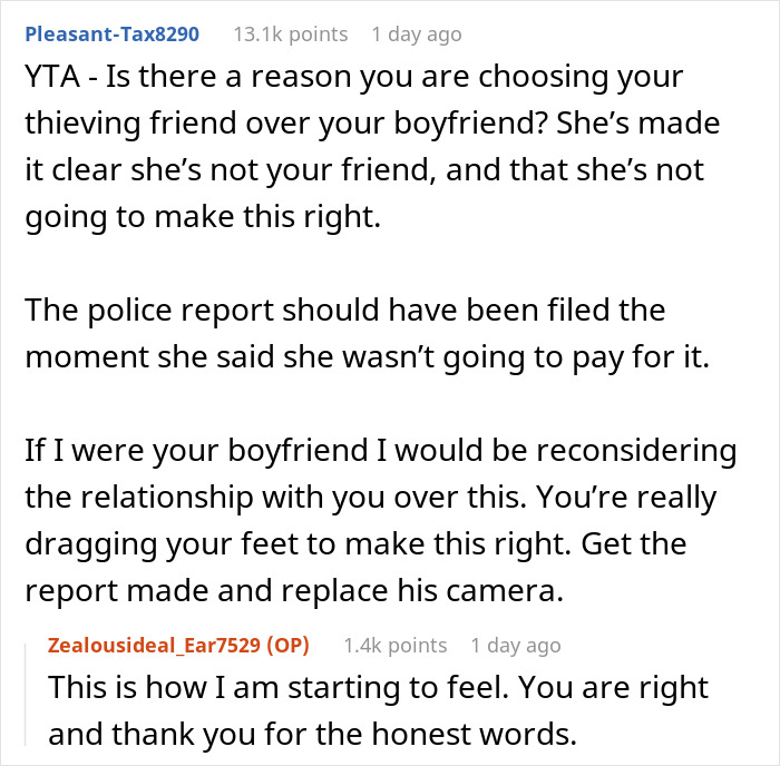 Screenshot of a Reddit conversation about a man catching a friend stealing his boyfriend&rsquo;s camera and confronting her.