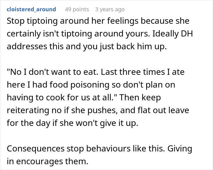 Commenter advising to firmly refuse cheap MIL feeding spoiled food and bullying son and his girlfriend to eat it.