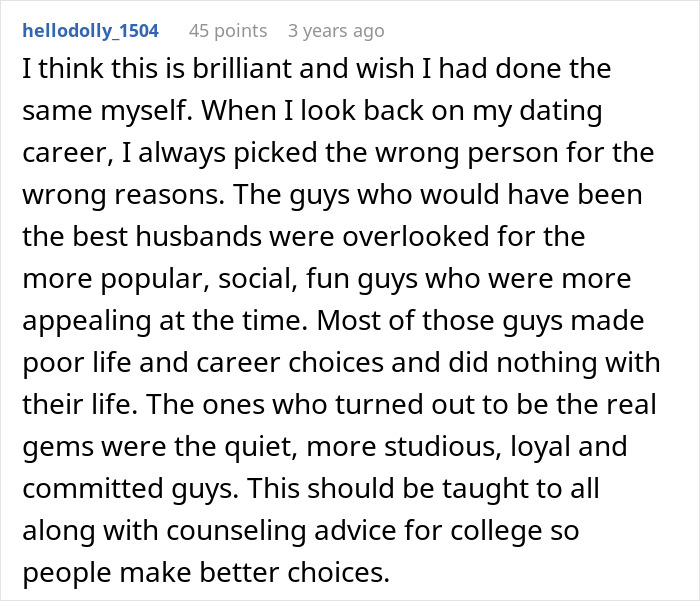 Comment from a user reflecting on choosing partners with intelligence over popularity, aligning with robotically calculated decisions.