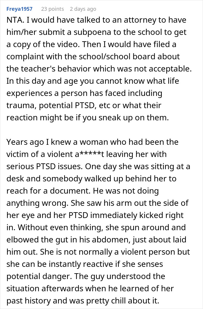 Comment discussing trauma and PTSD reactions after a teacher scares a student during class incident.