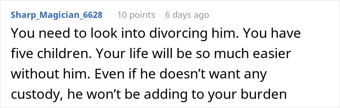 Comment text about divorcing husband after missed flight, highlighting a lesson about expectations from wife rescue.
