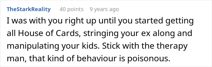 Comment from TheStarkReality discussing toxic behavior and manipulation related to cheating and revenge in a troubled relationship.