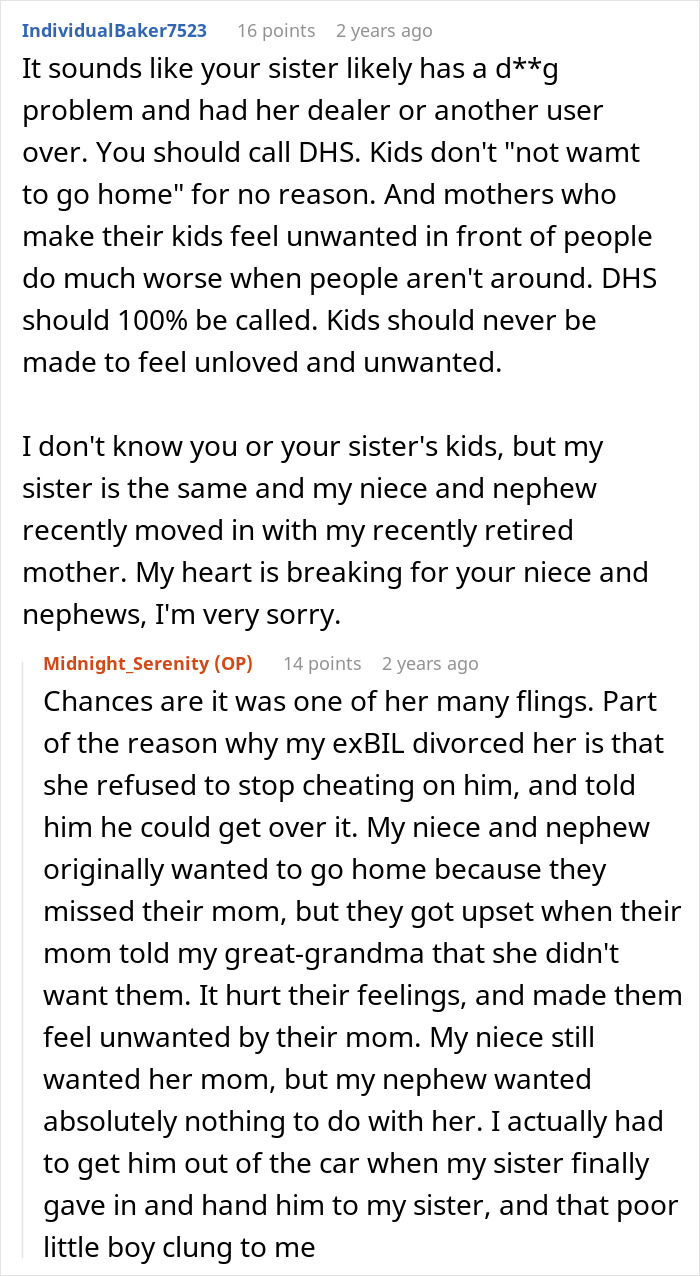 Reddit discussion about sister threatening to call cops after woman brings her kids home causing fake crying and shaking.
