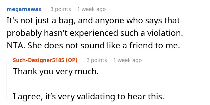 Screenshot of an online discussion about a woman ending a 15-year friendship after a purse incident.