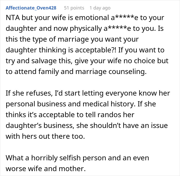 Screenshot of an online comment discussing telling wife why daughter doesn&rsquo;t trust and marriage counseling advice.
