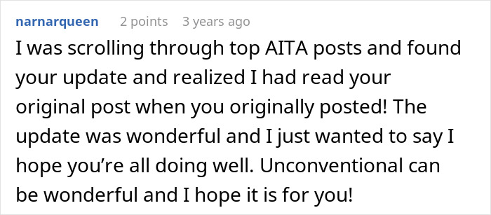 Reddit comment praising a woman&rsquo;s update about her plans for artificial insemination and desire to be a mother.