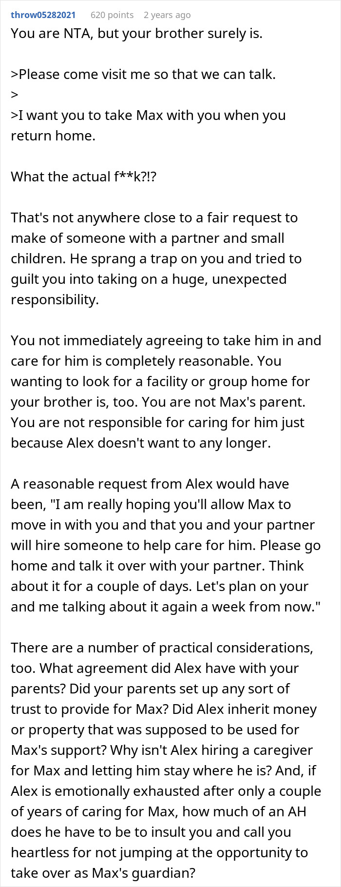 Reddit text post discussing orphaned siblings clashing over care for autistic brother, with debate on responsibility and caregiving.