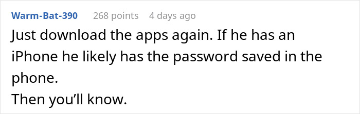 Screenshot of a Reddit comment suggesting to download apps to find saved passwords on husband&rsquo;s phone, highlighting suspicion during surgery.
