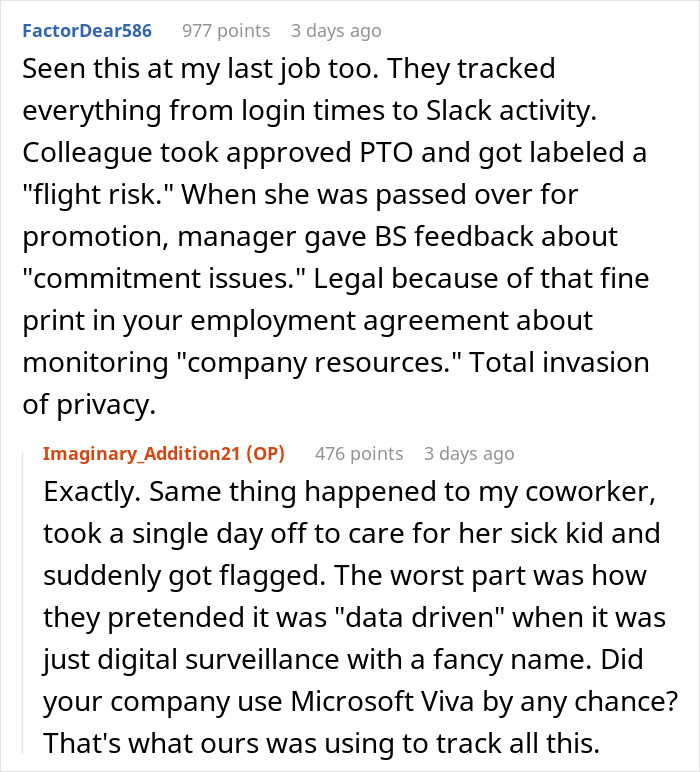Comments on corporate spying on staff, detailing digital surveillance and employee monitoring practices at work.