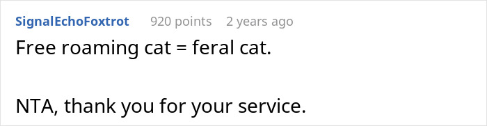 Screenshot of online comment discussing free roaming and feral cats related to neutering cat owners drama.