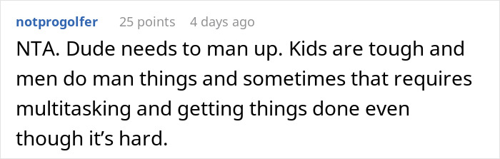 Screenshot of a social media comment discussing a husband’s reaction when asked to watch kids while wife cooks. Screenshot of a social media comment discussing a husband’s reaction when asked to watch kids while wife cooks.