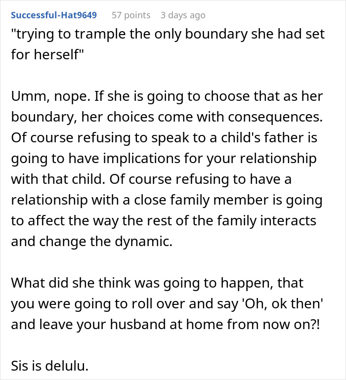 Comment discussing a woman forbidding her brother-in-law from talking to her, affecting nephew relationship and family dynamics.