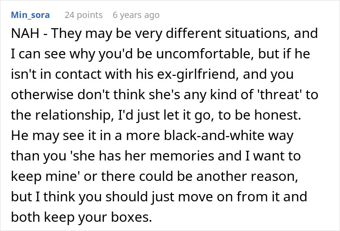 Text post discussing a wife wanting man to toss ex-GF's memory box but keep late ex-BF's, criticized for hypocrisy.