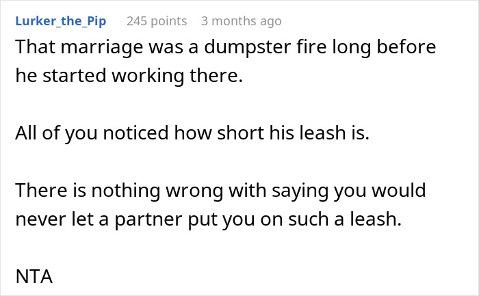 Screenshot of an online comment discussing a troubled marriage and the impact of a coworker's behavior on a divorce fear. Screenshot of an online comment discussing a troubled marriage and the impact of a coworker's behavior on a divorce fear.