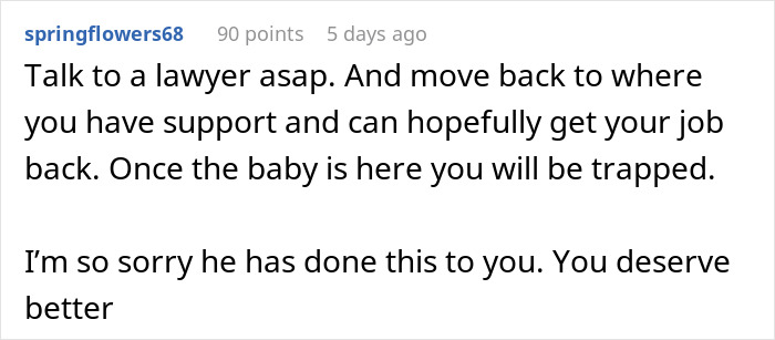 Comment advising pregnant wife to seek legal help after husband says he loves her but isn&rsquo;t in love before marriage.