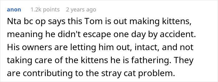 Comment explaining how cat owners not neutering their Tom contributes to the stray cat problem and related drama.