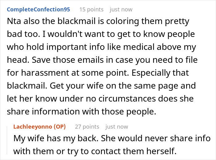 Screenshot of an online discussion about a man&rsquo;s birth family contacting him after abandoning him, and his refusal to reconnect.