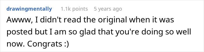 Comment on Reddit with username drawingmentally expressing happiness for someone's recovery, relating to a schizophrenic man prank hospital visit context.
