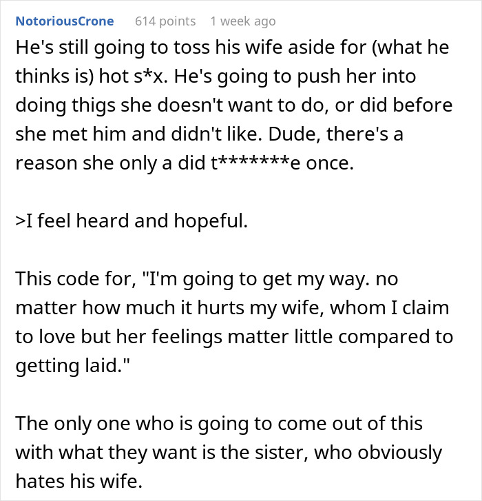 Man asks wife to change intimacy boundaries causing people to predict divorce and relationship problems in their marriage discussion.