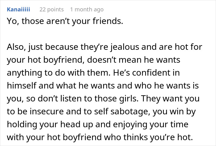 Alt text: Supportive comment encouraging confidence in woman with model boyfriend said to be out of her league.