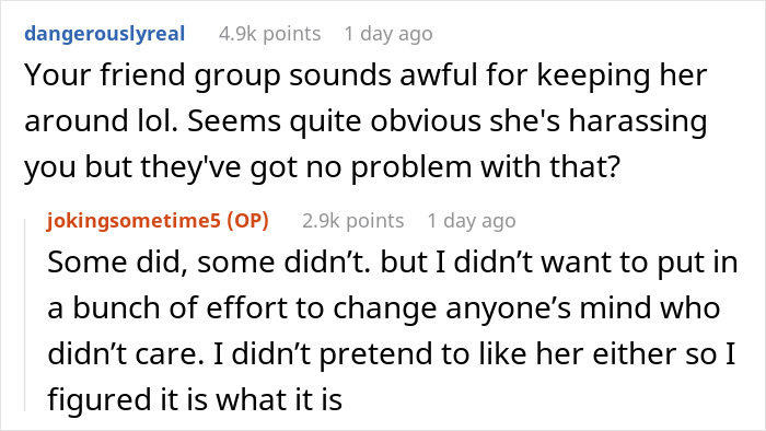 Screenshot of a Reddit conversation discussing toxic friend groups related to lying pick me girl tattoo inspiration.