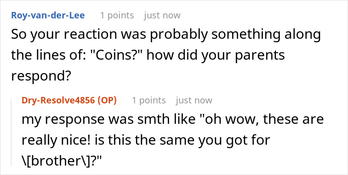 Screenshot of a conversation about a teen feeling disappointed and deeply hurt by parents' gift for her 18th birthday.