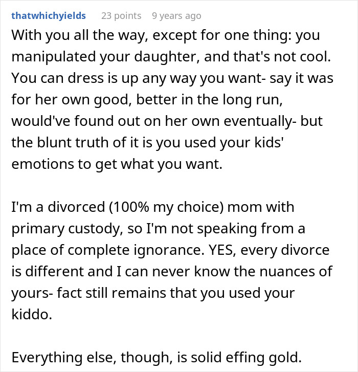 Alt text: Screenshot of a detailed comment discussing manipulation, divorce, and child custody from a divorced mom&rsquo;s perspective.