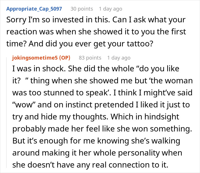 Text conversation about a lying pick me girl tattoo inspiration, reaction, and emotional response to the tattoo reveal.