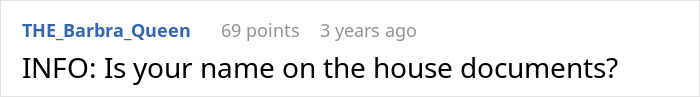 Screenshot of a Reddit comment asking if a name is on house documents in a discussion about a man cave rental situation.