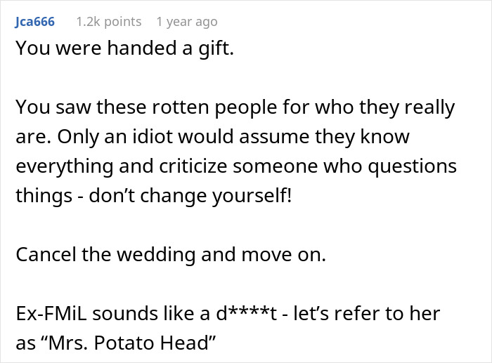 Text post discussing a future MIL brand calling a bride-to-be stupid and her fianc&eacute; laughing along.