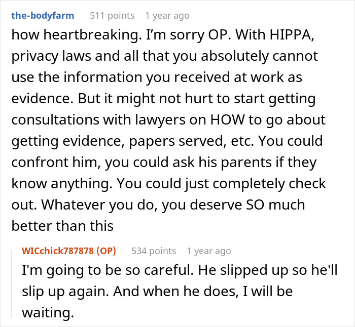 Screenshot of an online forum discussing a woman discovering husband&rsquo;s affair baby while setting up WIC profile at work.