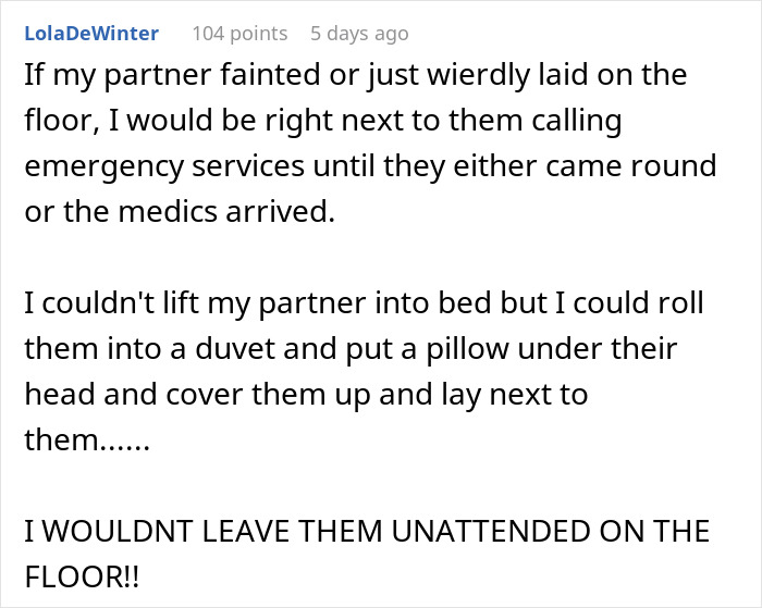 Alt text: Man stepping over passed out wife and leaving her unattended on the floor without helping or checking on her.
