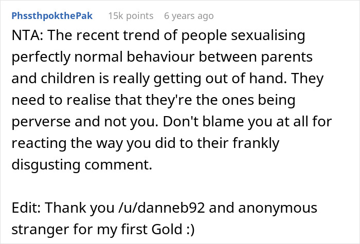 Comment discussing the trend of sexualizing normal parent and child cuddling, defending appropriate boundaries.