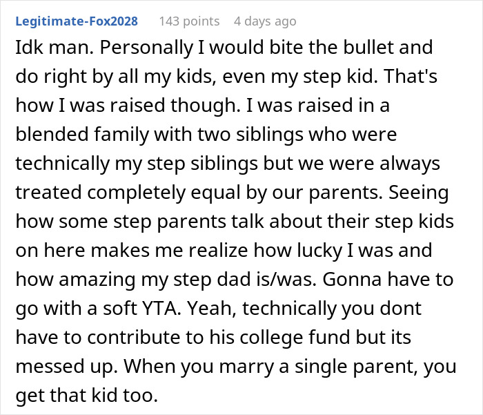 Comment discussing family dynamics in a blended family and denial of stepson&rsquo;s college fund contribution request.