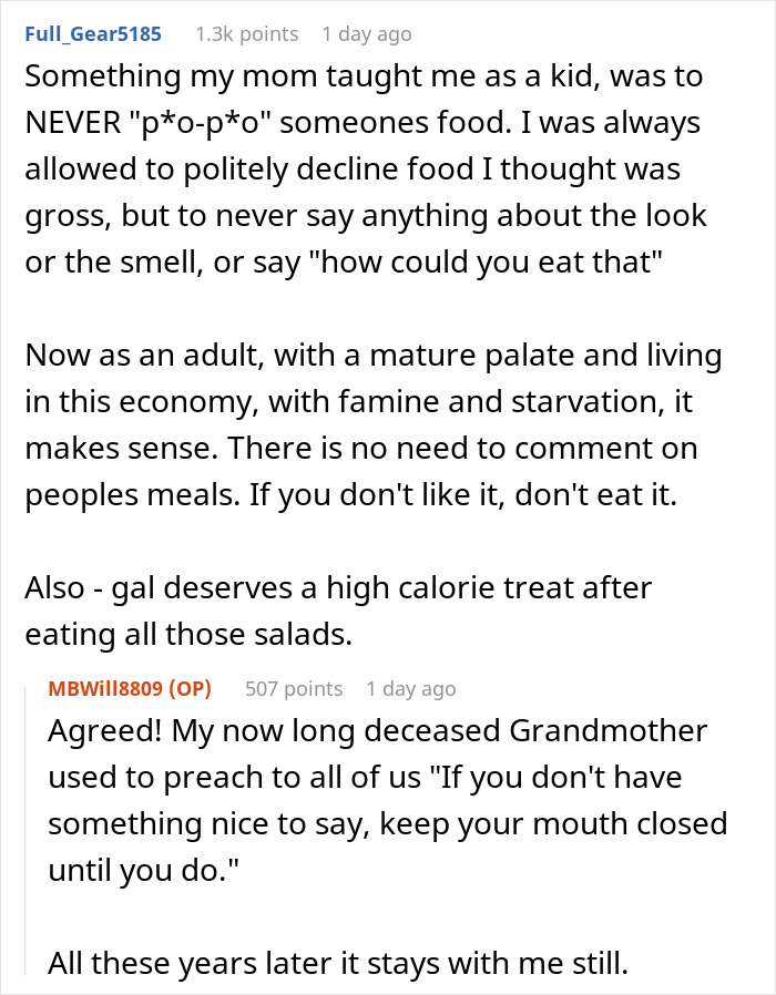 Reddit conversation about body-shaming comments and the importance of respectful behavior in the workplace.