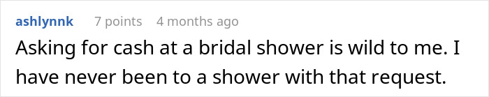 Social media comment reacting to a bride demanding 200 dollars from friends after cheap wedding shower gifts controversy.