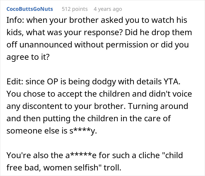 Screenshot of a forum post discussing refusing to look after brother’s children and related responses. Screenshot of a forum post discussing refusing to look after brother’s children and related responses.