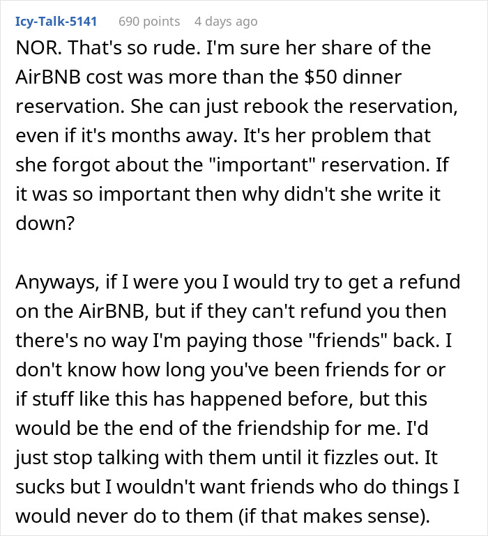 Comment discussing rude friend group behavior, canceled plans, and issues with Airbnb refunds after a birthday girl was excluded.