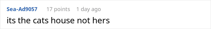 Comment text in a social media thread discussing an uninvited MIL making demands about the cat's house, not hers.