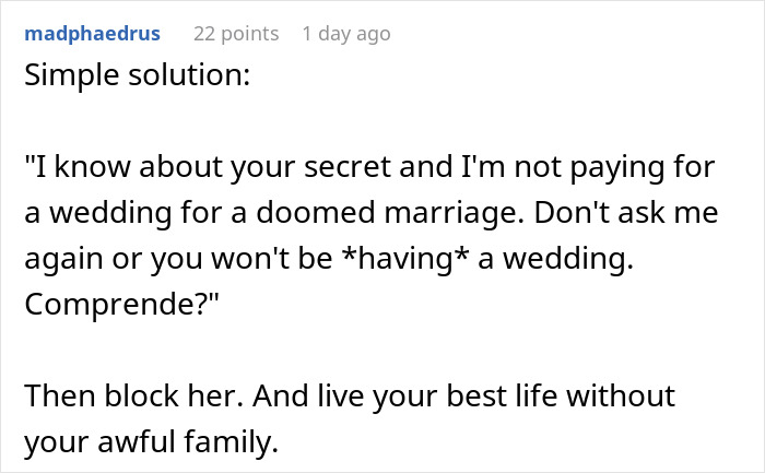 Comment discussing a woman uninviting her sister from wedding over refusal to gift $30K for wedding expenses.
