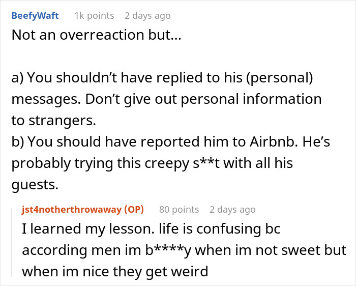 Screenshot of a Reddit conversation about a woman worried about creepy Airbnb host texts and advice on handling the situation.