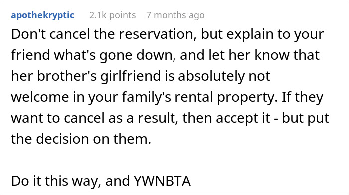 Text post discussing a woman considering canceling a friend's holiday booking after harassment by her brother&rsquo;s girlfriend.