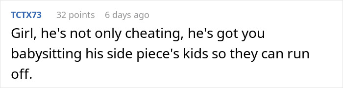 Comment text on a social media post about nannying his girlfriend&rsquo;s children for free and suspicion about husband&rsquo;s coworker.