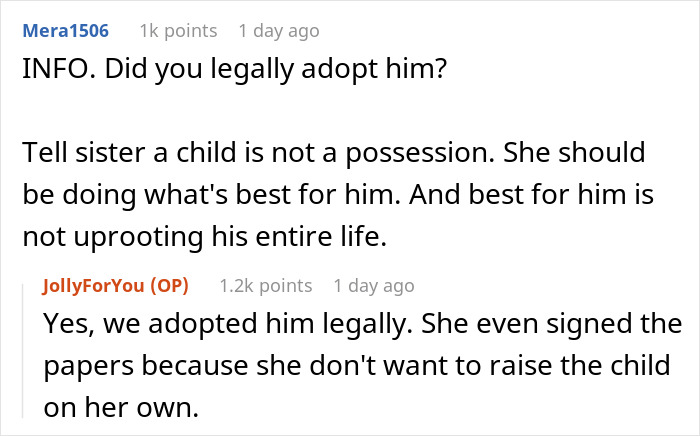 Reddit conversation about a mom giving her baby up and wanting the child back eight years after legal adoption.